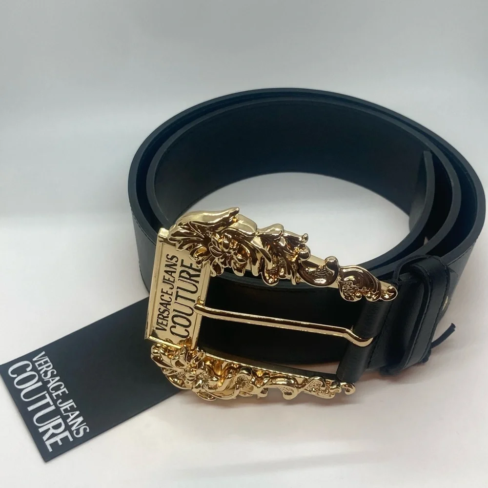 Versace Jeans Couture Gold Tone Metal & Black Leather Wide Belt | Sz 85 / 33.46” - Picture 4 of 16